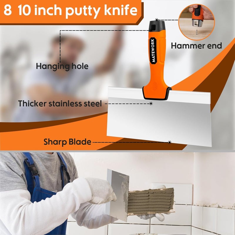 Matework Drywall Tools, 8Pcs High Quality Stainless Steel Drywall Knife Set, Putty Knives with Mud Pan, Ergonomic Grip Tapping Knife with Hammer End for Wall Work - Image 3